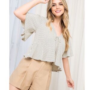 THML Black and Cream Striped Peplum Cardigan